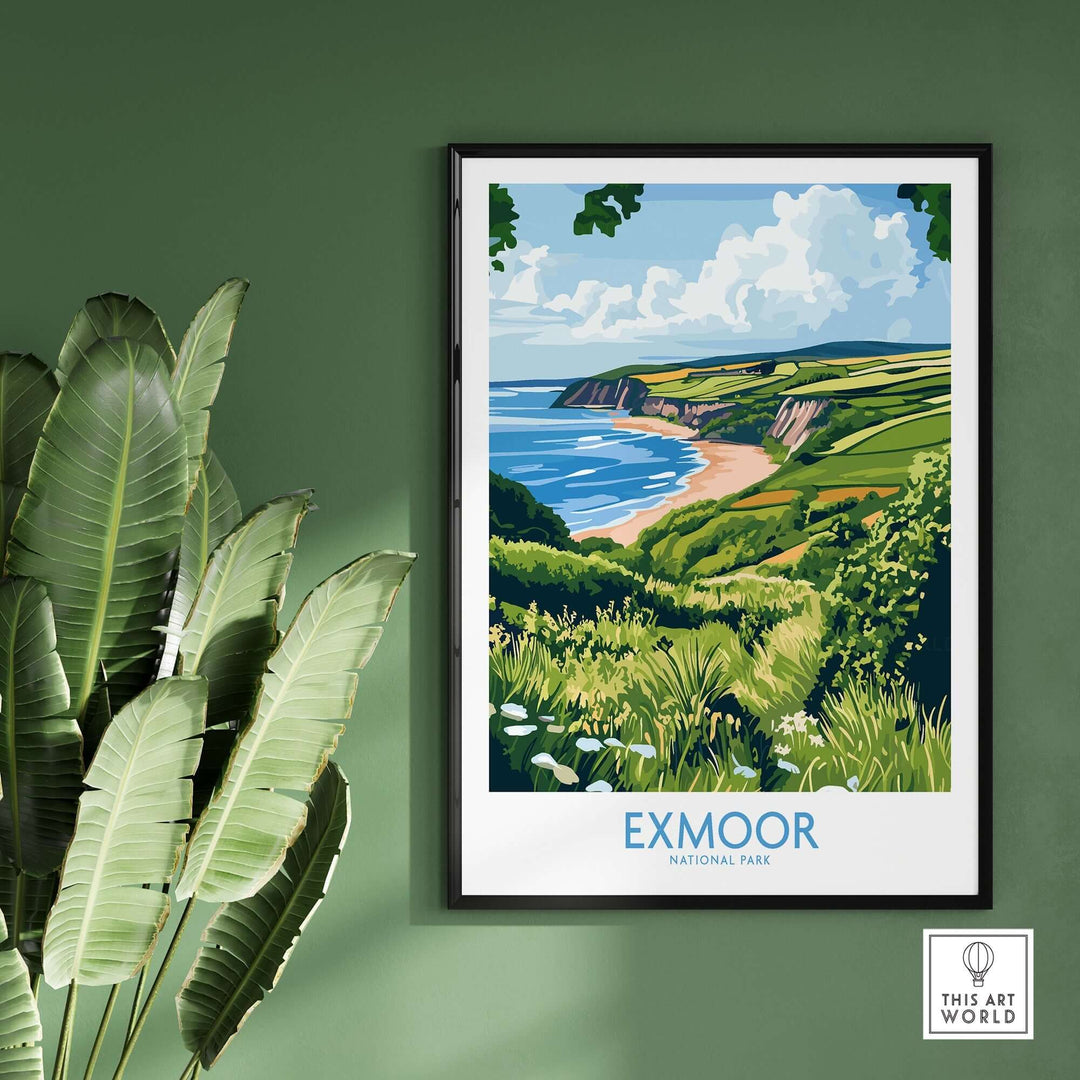 Exmoor National Park travel print showcasing lush landscapes and coastal views in a stylish frame on a green wall.