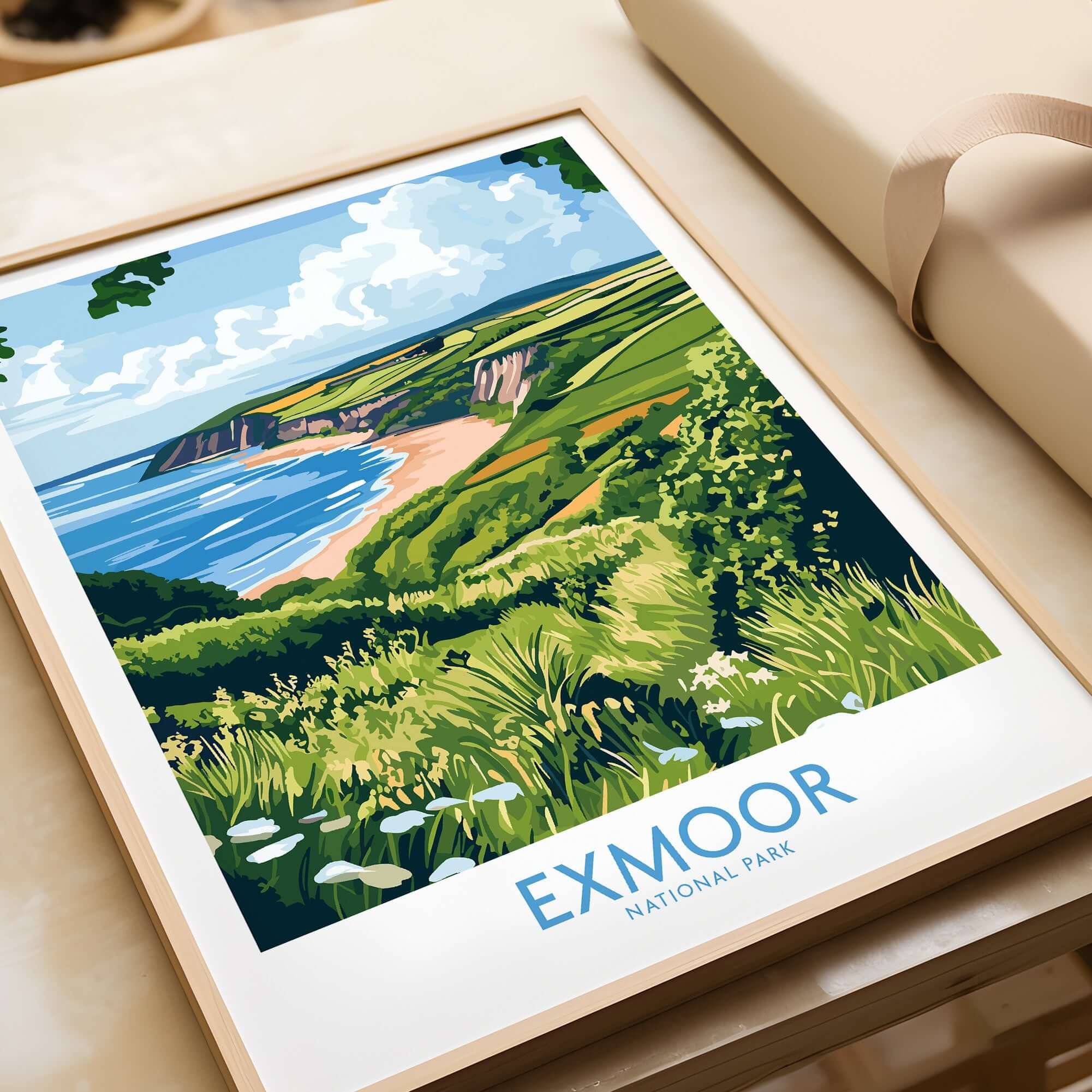 Exmoor National Park Travel Print showcasing stunning landscapes and breathtaking views in vibrant colors.