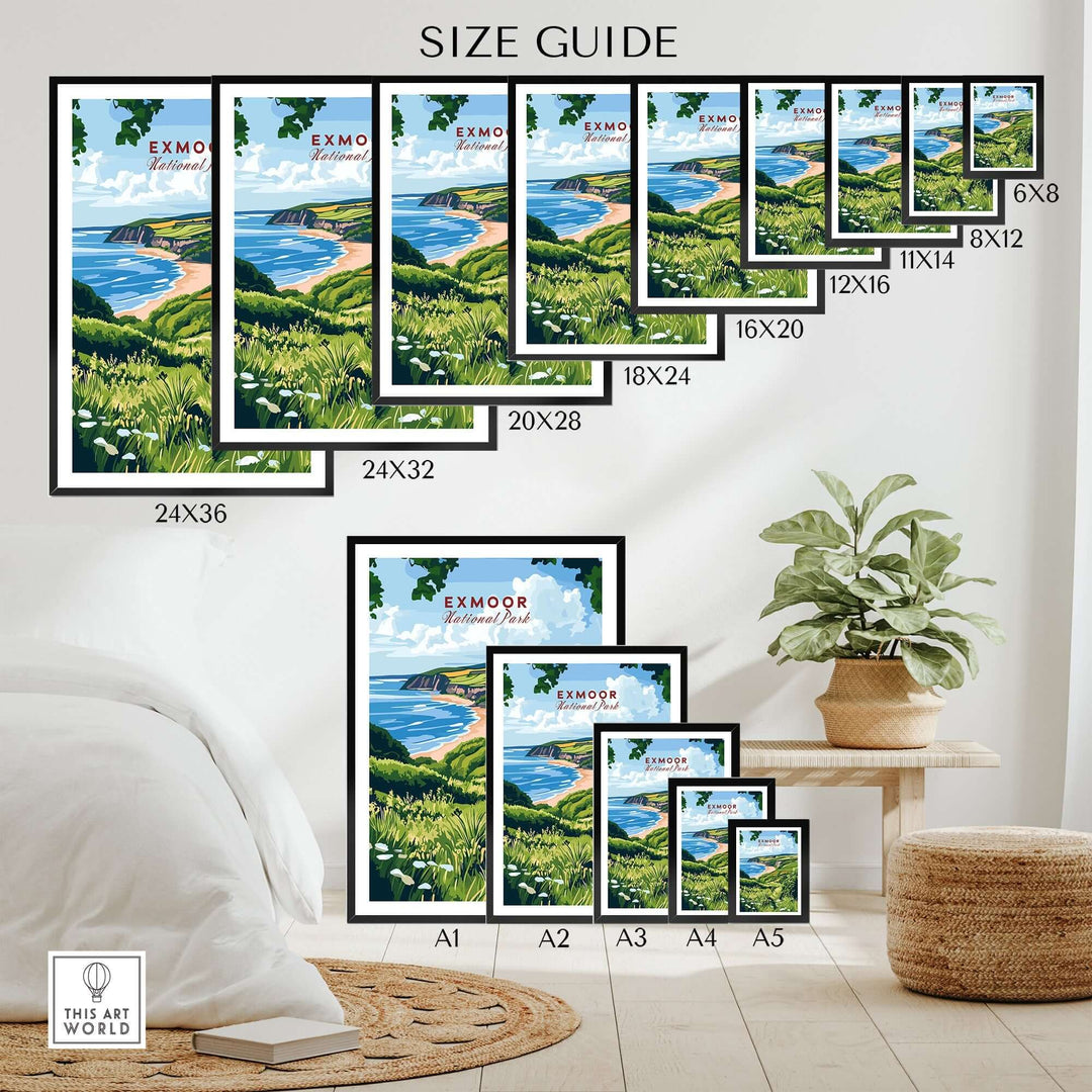 Exmoor National Park print size guide, showcasing various frame sizes and designs in a stylish home setting.