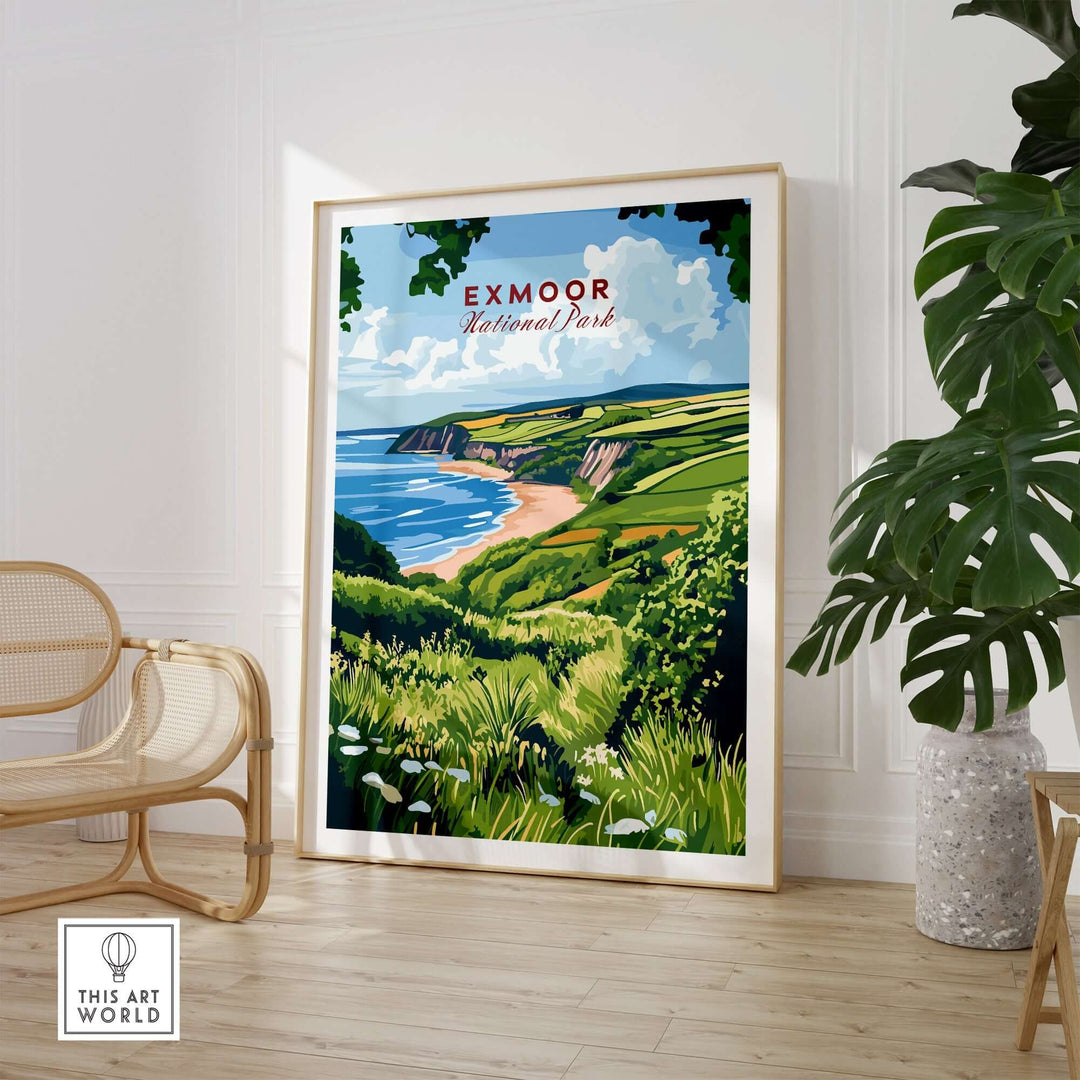 Exmoor National Park print showcasing lush landscapes and coastline, framed in modern decor for a serene home ambiance.