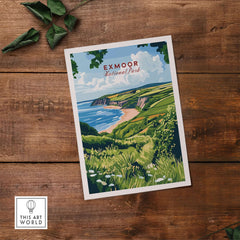 Exmoor Print showcasing the serene landscapes of Exmoor National Park in vibrant colors on a wooden background.