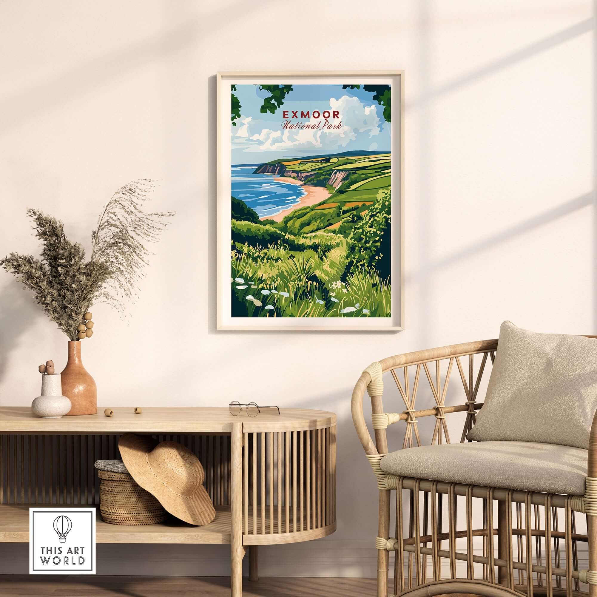 Exmoor Print of Exmoor National Park displayed in a stylish home setting with greenery and a cozy chair.