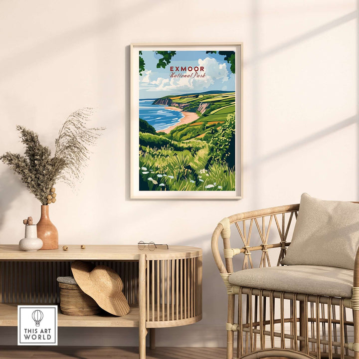 Exmoor National Park print displayed in a cozy home setting, showcasing serene landscapes and natural beauty.