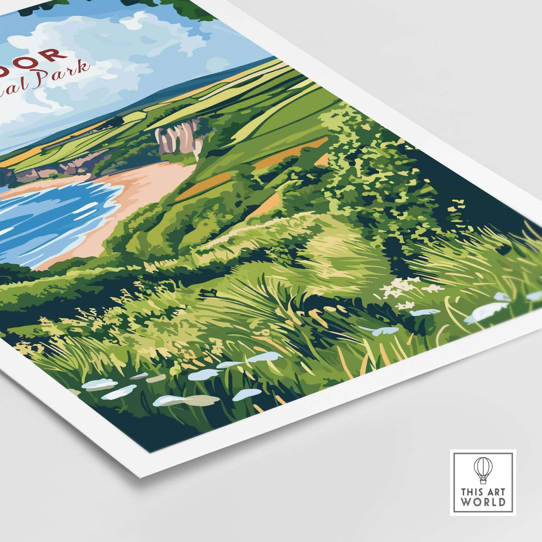 Exmoor National Park print showcasing lush green landscapes and a serene beach scene, perfect for nature lovers.