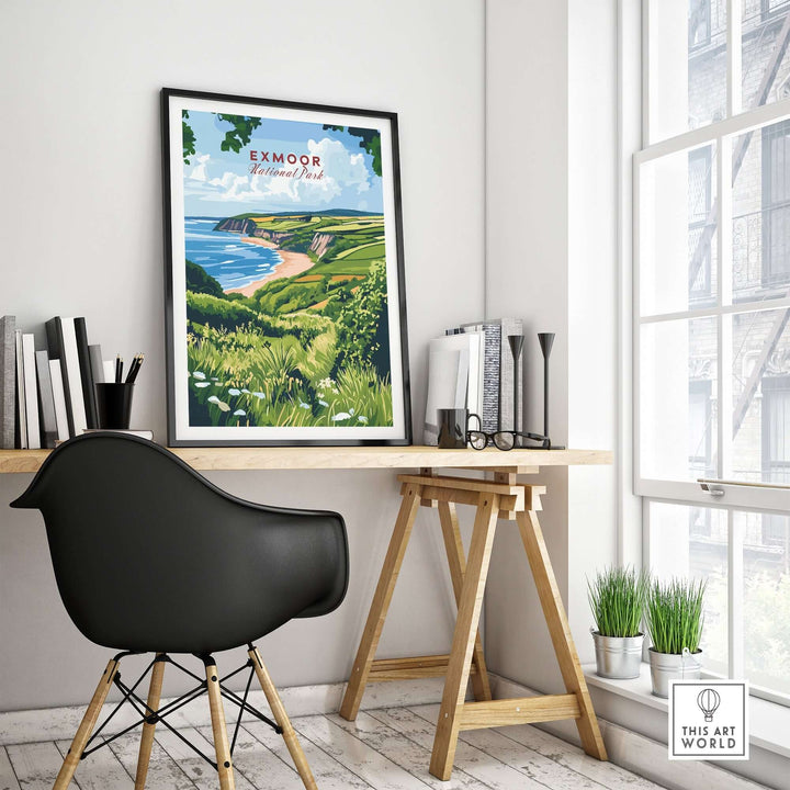 Exmoor Print framed art on a desk in a bright interior, showcasing serene landscapes of Exmoor National Park.