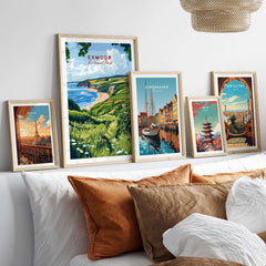 Exmoor Print framed artwork showcasing Exmoor National Park and vibrant travel posters on a stylish wall.