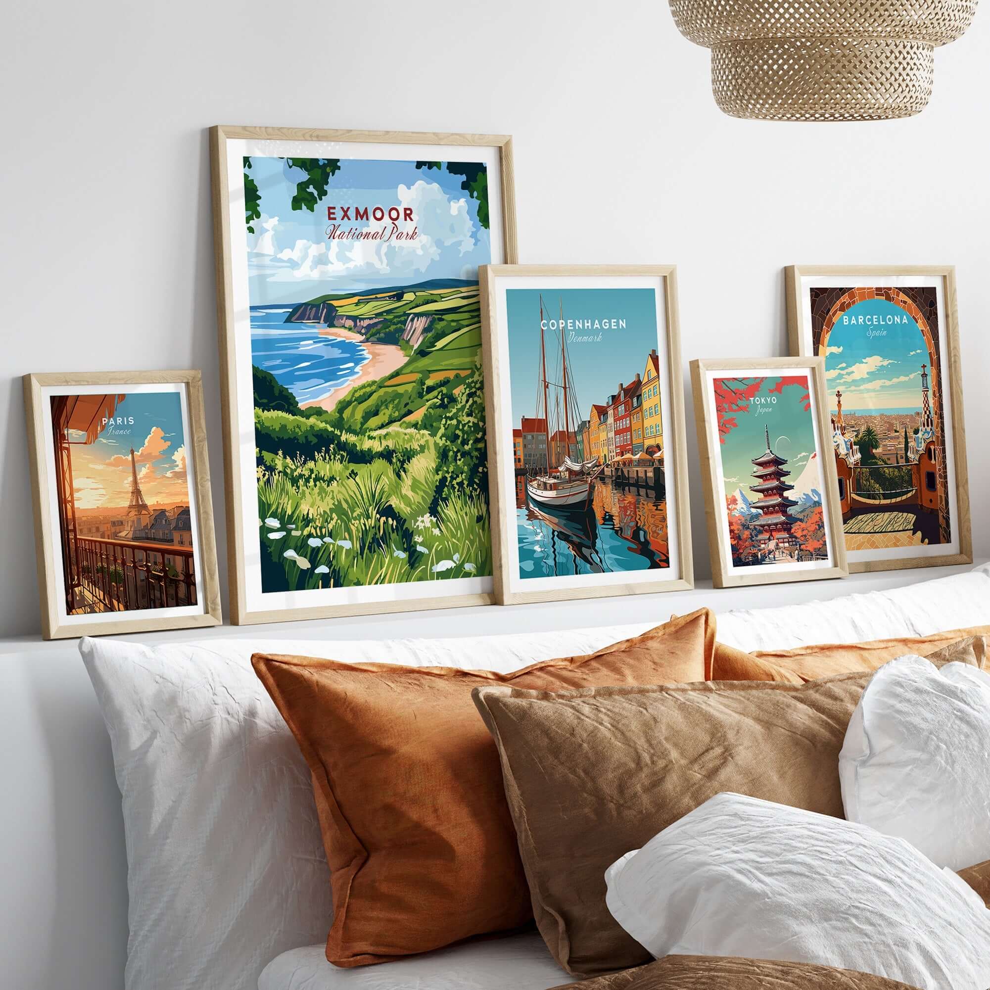 Exmoor Print framed artwork showcasing Exmoor National Park and vibrant travel posters on a stylish wall.