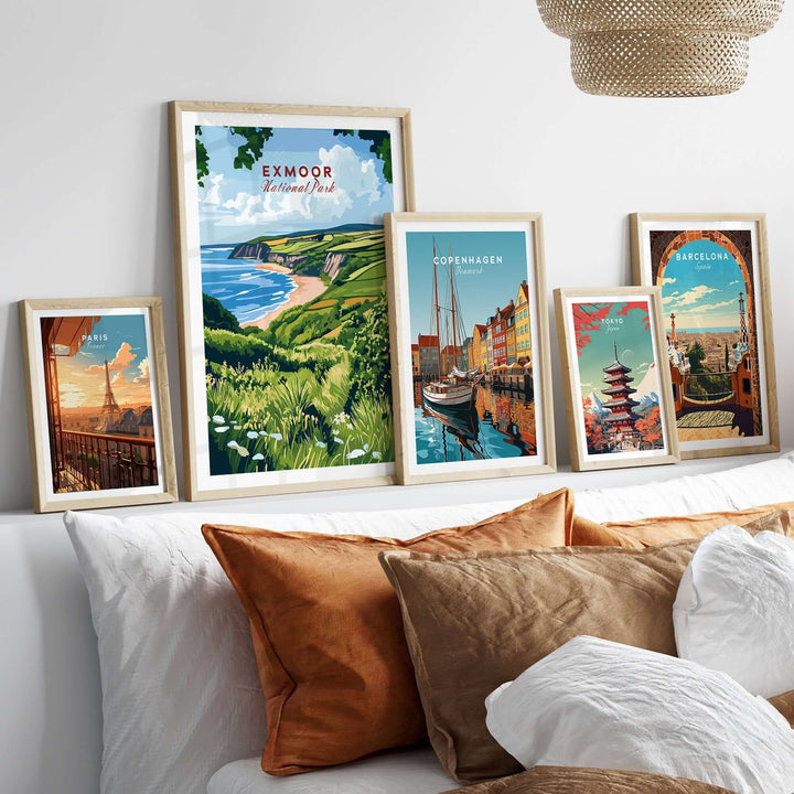 Exmoor National Park print showcased among travel-themed artworks in a stylish home decor setting.