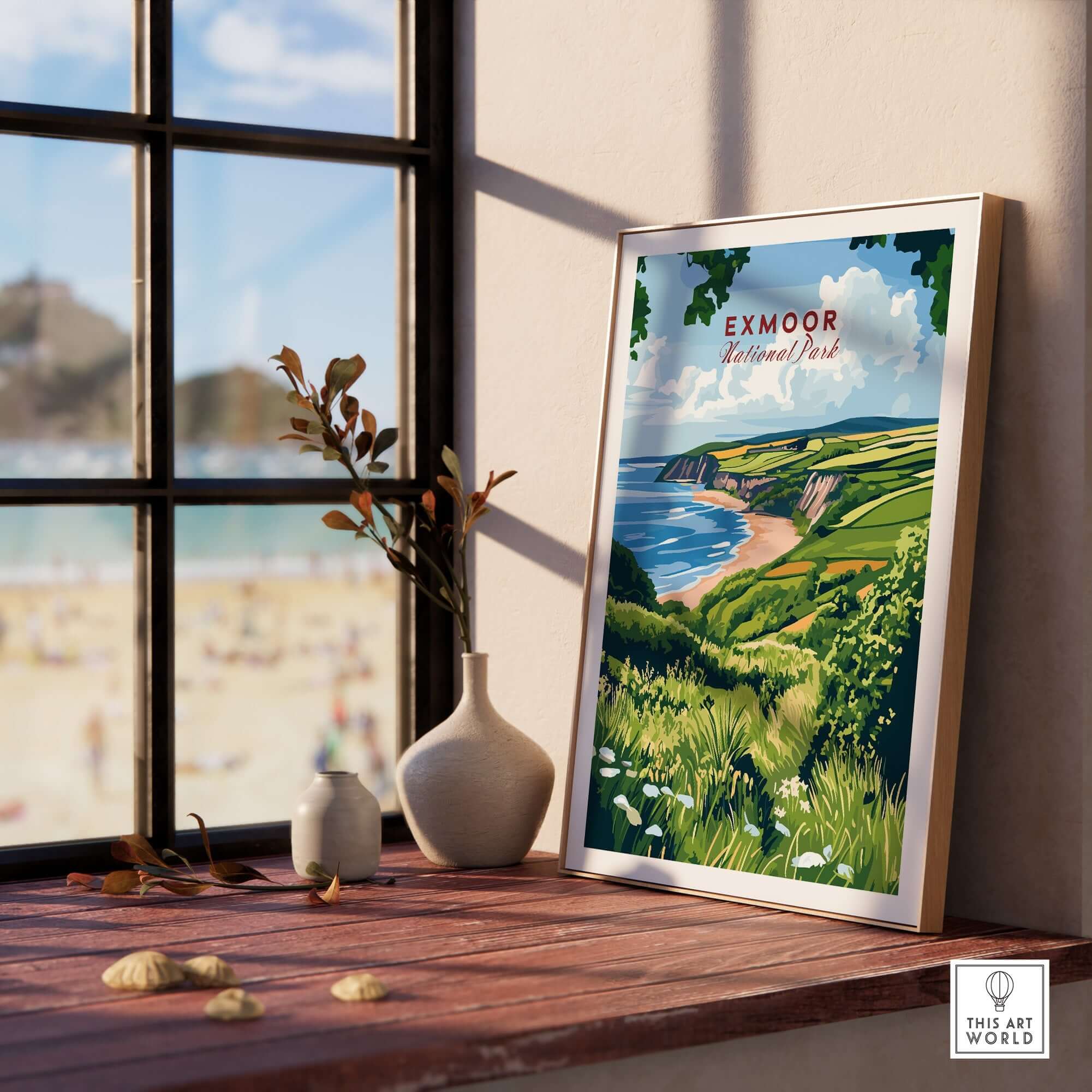 Exmoor Print framed on a windowsill, showcasing beautiful landscapes of Exmoor National Park with a calming view.