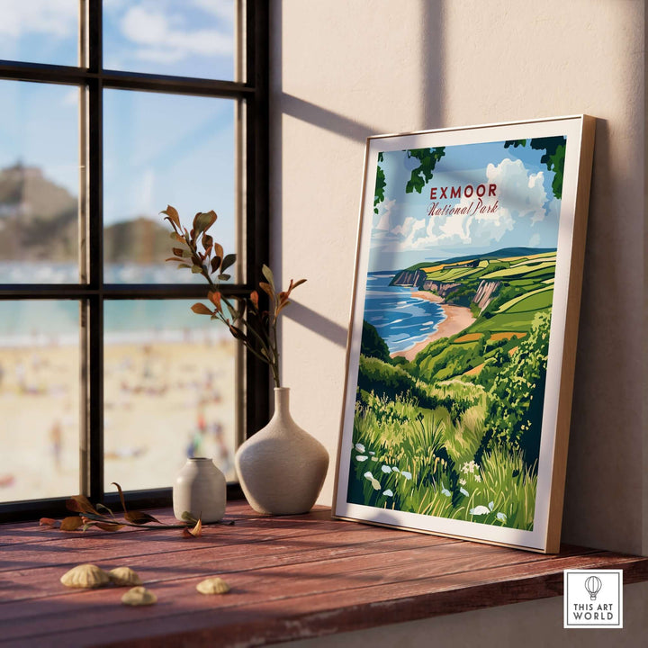 Exmoor National Park print framed on a windowsill, showcasing serene landscapes and nature-inspired decor.