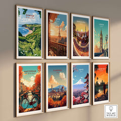 Exmoor Print along with famous city prints on a wall showcasing various global landscapes and cityscapes.