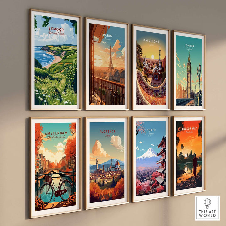 A collection of vibrant travel prints including Exmoor, Paris, Barcelona, London, Amsterdam, Florence, Tokyo, and Angkor Wat.