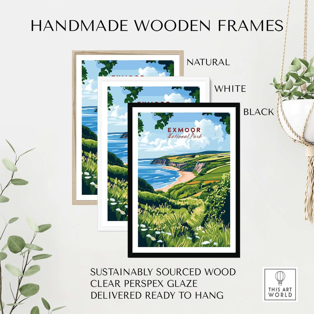 Three handmade wooden frames in natural, white, and black showcasing Exmoor National Park print, ready to hang.