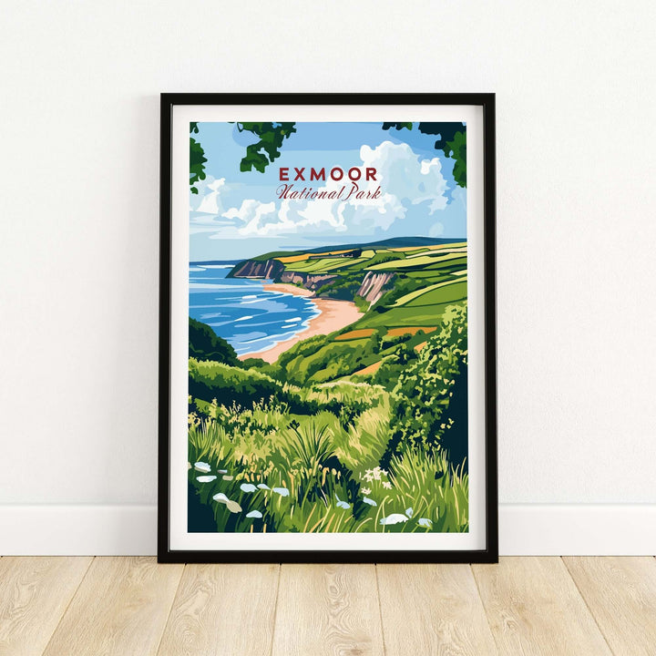 Exmoor National Park print featuring scenic coastal landscapes and lush greenery, perfect for nature lovers.