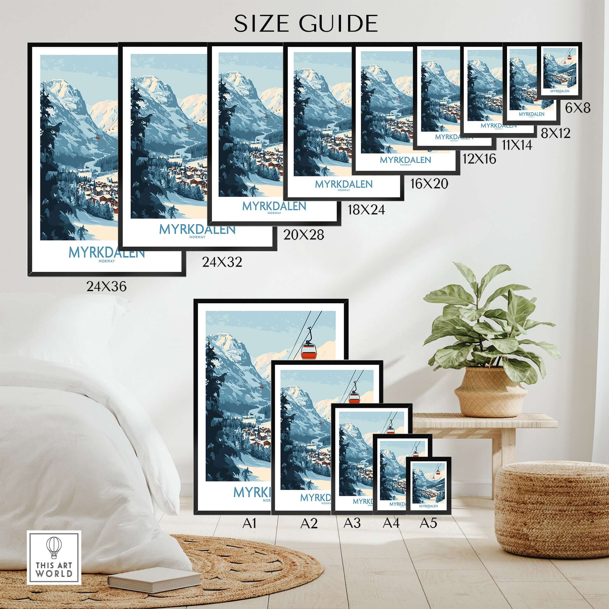 Size guide for 'Experience Myrkdalen' ski poster art, showcasing various frame sizes against a cozy interior.