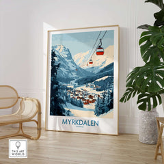 Myrkdalen ski poster art showcasing stunning mountain scenery and cable cars in a modern living space.