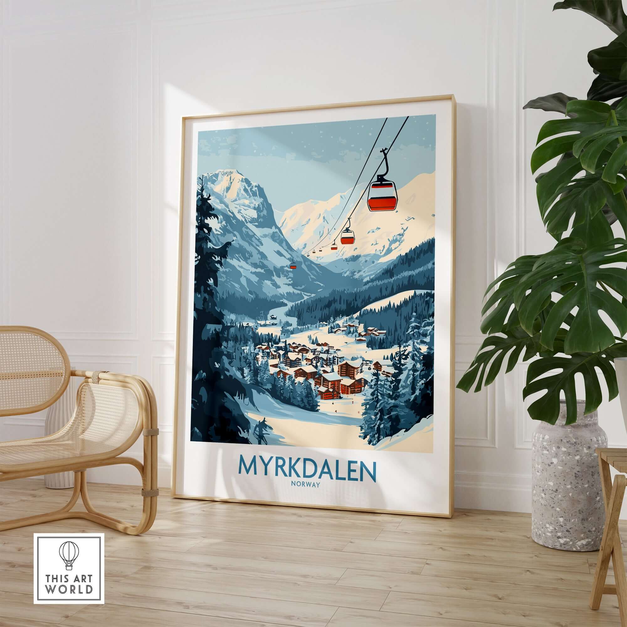 Myrkdalen ski poster art showcasing stunning mountain scenery and cable cars in a modern living space.