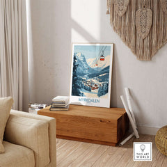 Stunning Myrkdalen ski poster art in a cozy living space, capturing beautiful Norwegian winter scenery.