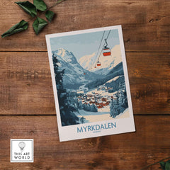 Myrkdalen ski poster art featuring stunning Norwegian mountain scenery and ski lifts.