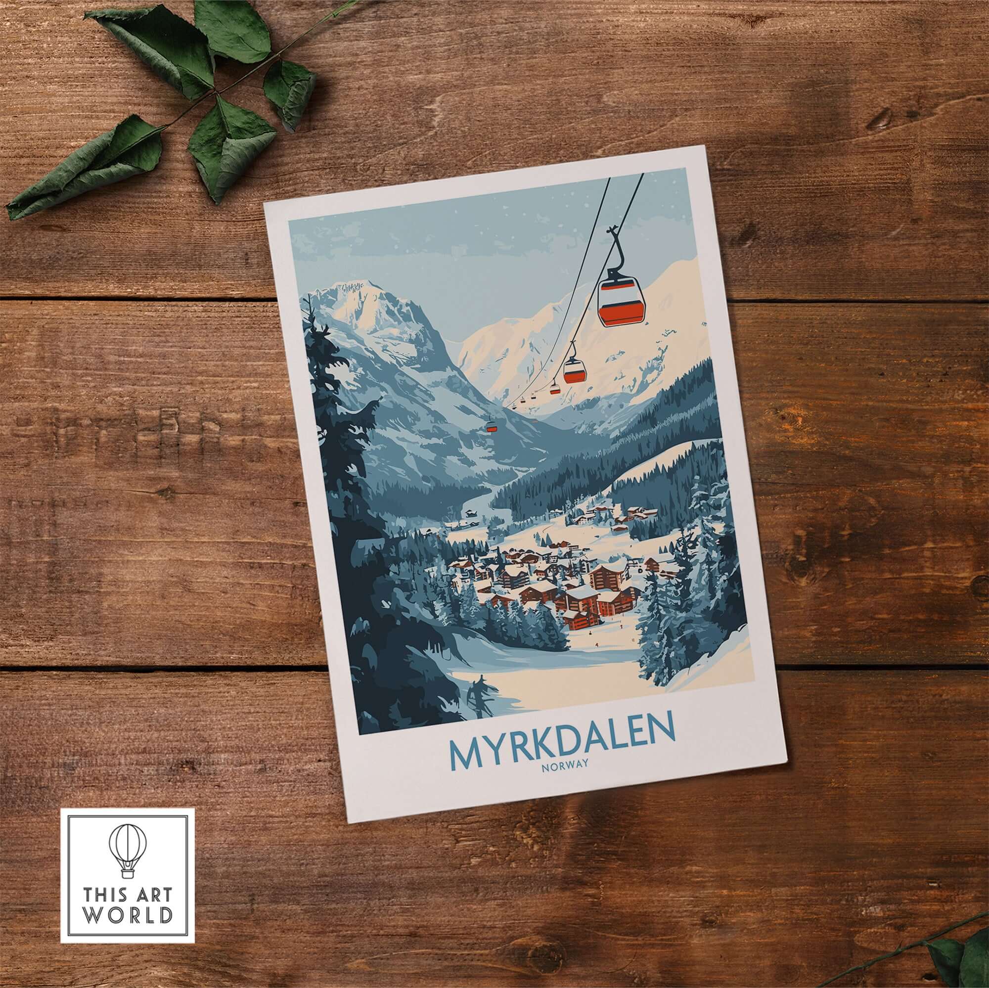 Myrkdalen ski poster art featuring stunning Norwegian mountain scenery and ski lifts.