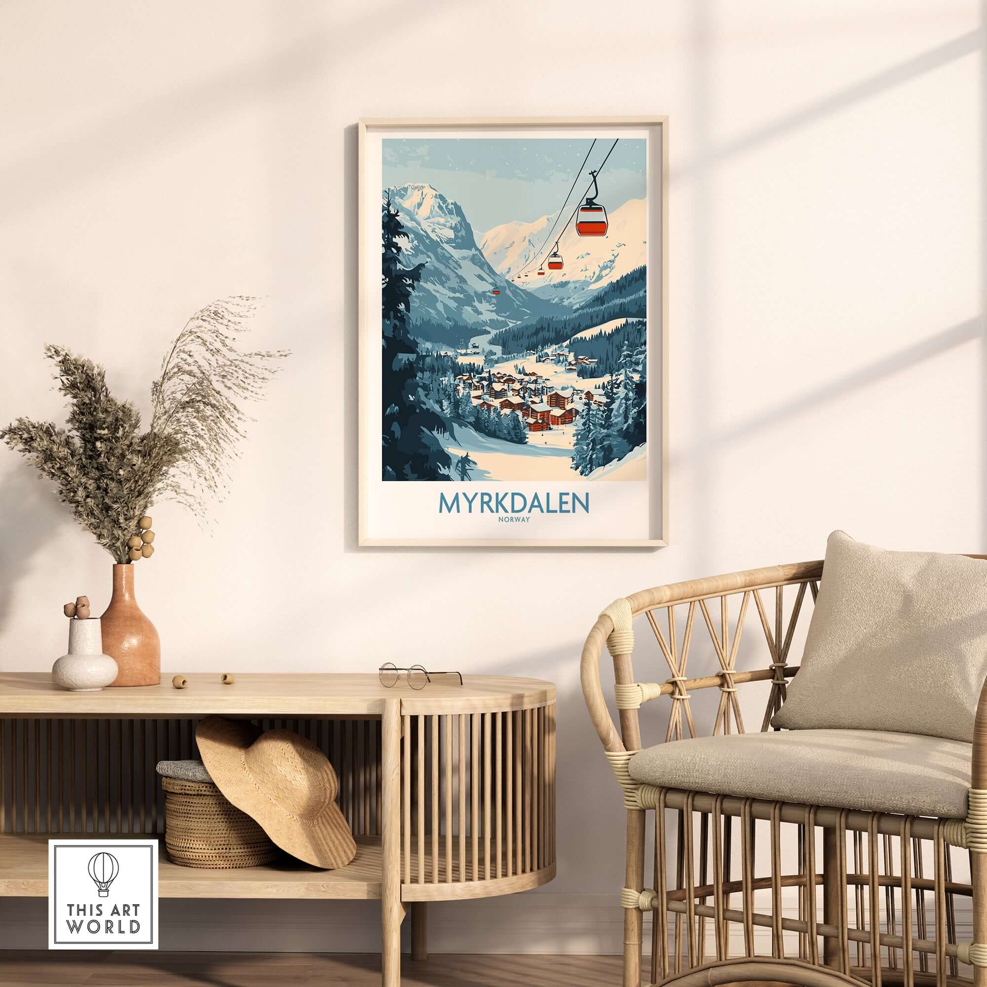 Stunning Myrkdalen ski poster art displayed in a modern living room setting with cozy furniture.