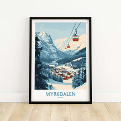 Myrkdalen ski poster art featuring stunning Norwegian mountain scenery and a ski lift.