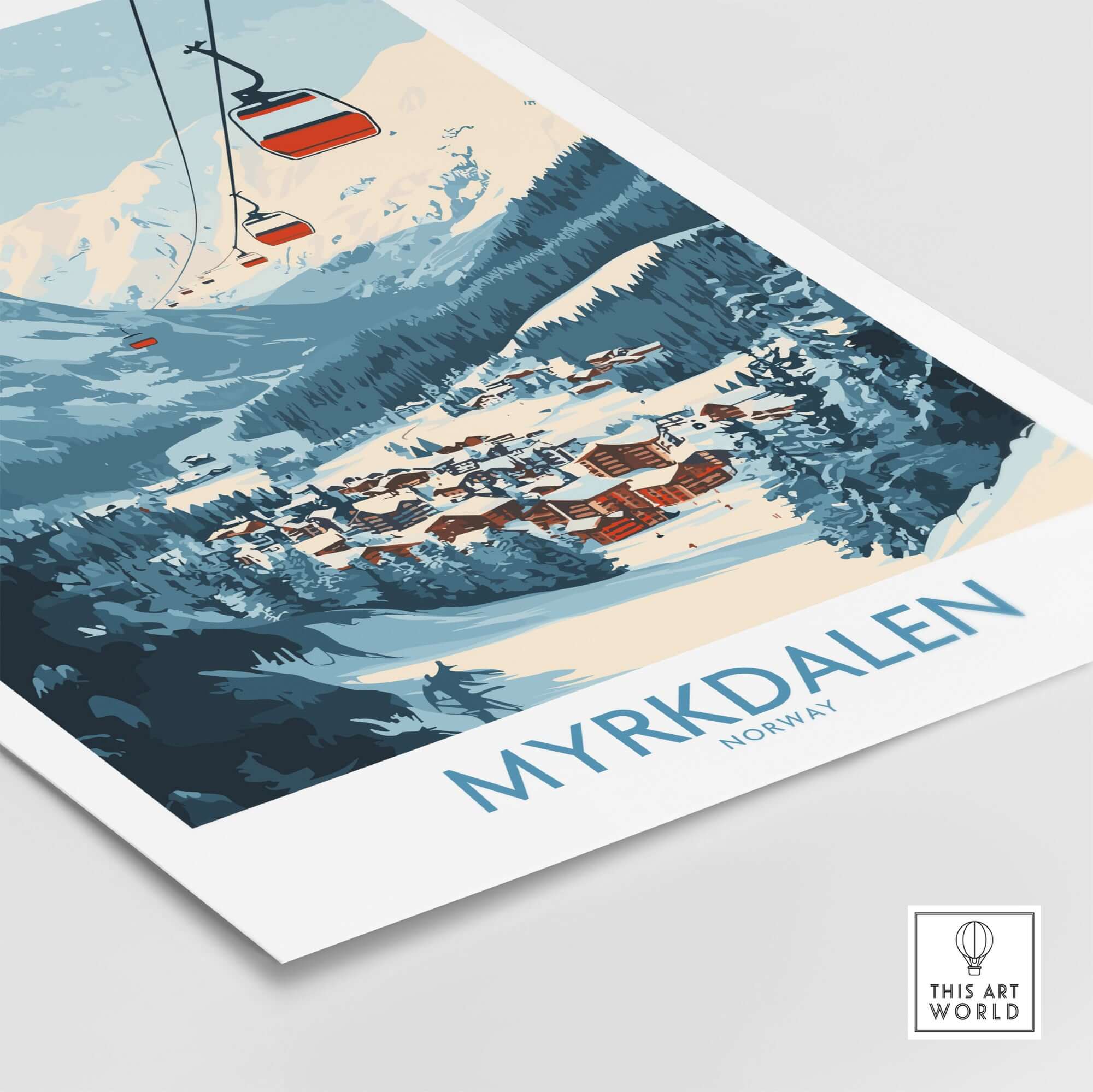 Experience Myrkdalen ski poster art featuring stunning Norwegian scenery and ski slopes.