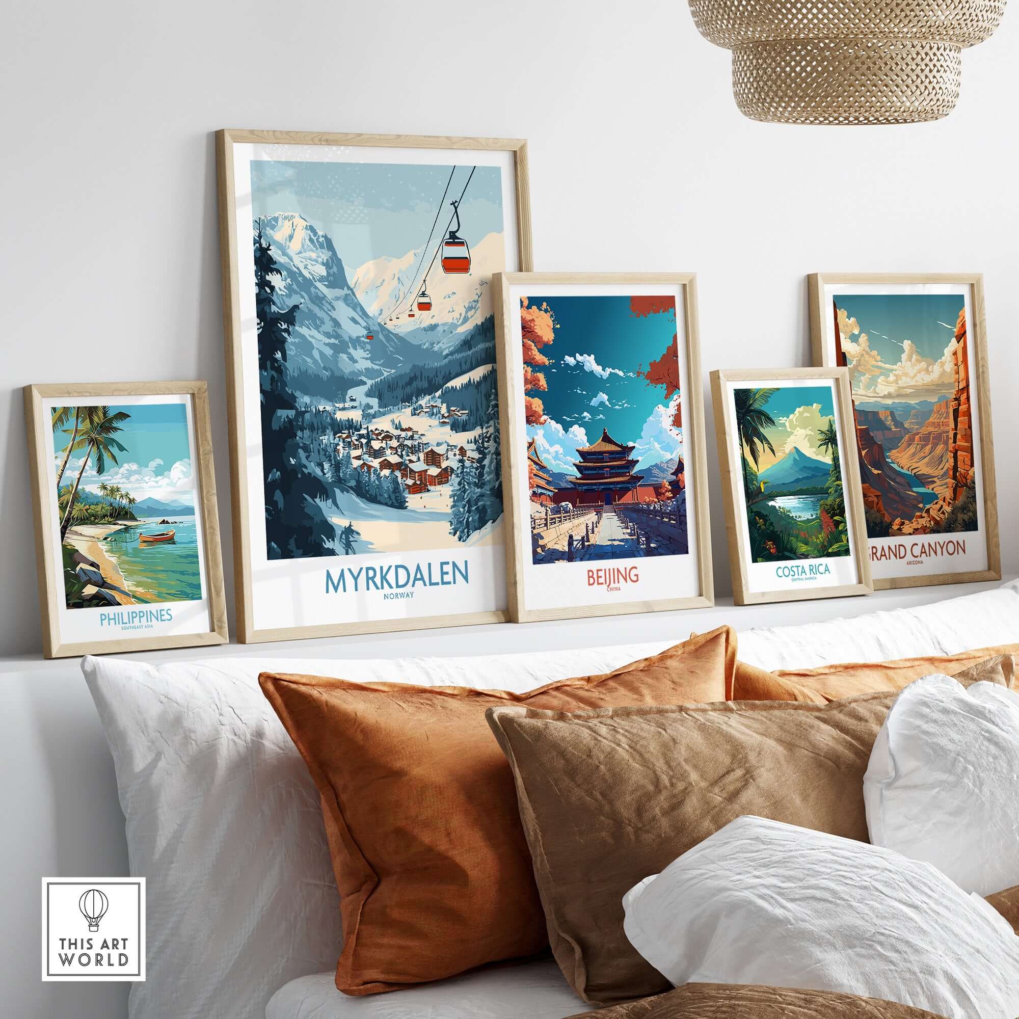 Gallery of travel posters featuring Myrkdalen ski art and landscapes from Philippines, Beijing, Costa Rica, and Grand Canyon.