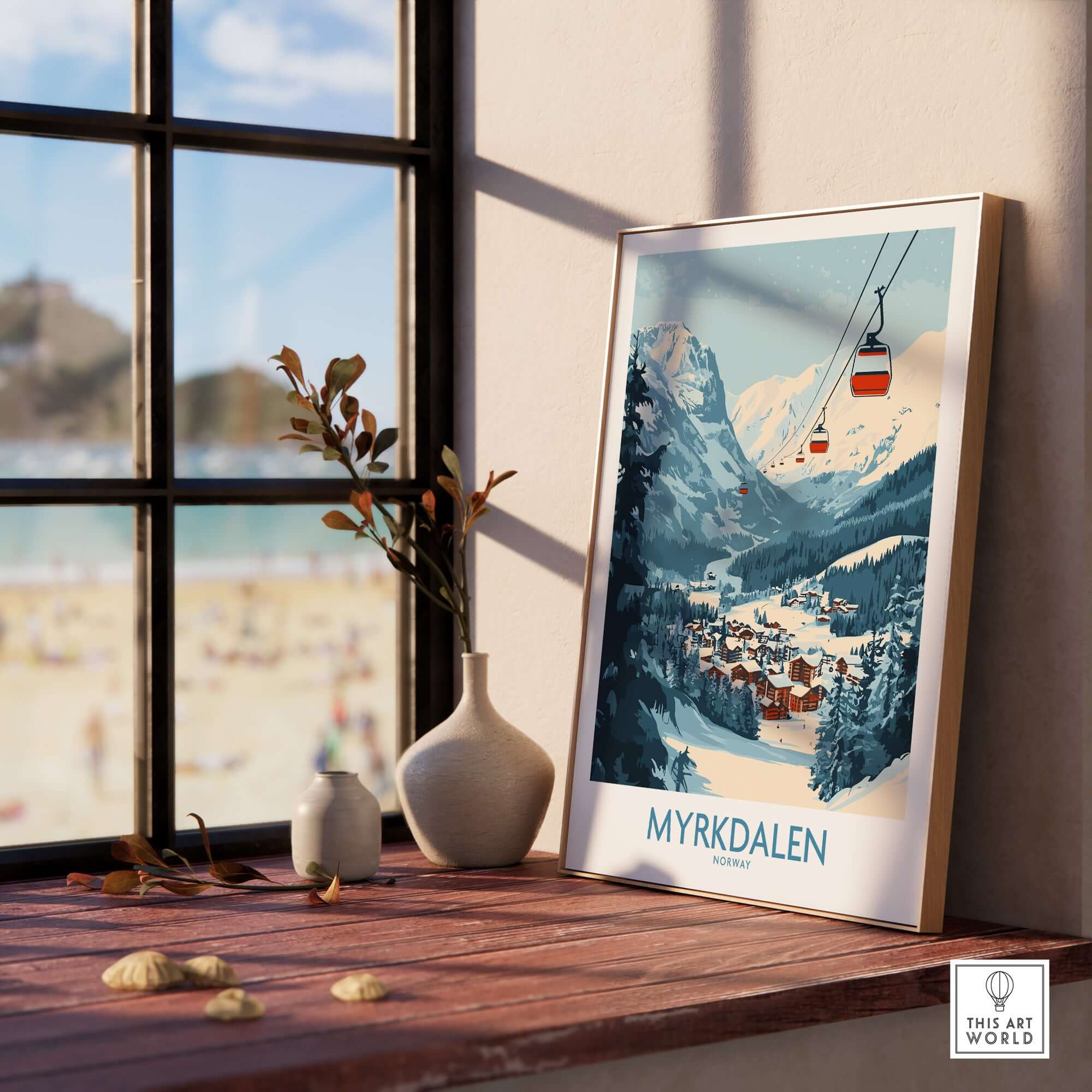 Myrkdalen ski poster art displayed indoors, showcasing stunning mountain scenery and ski lift.