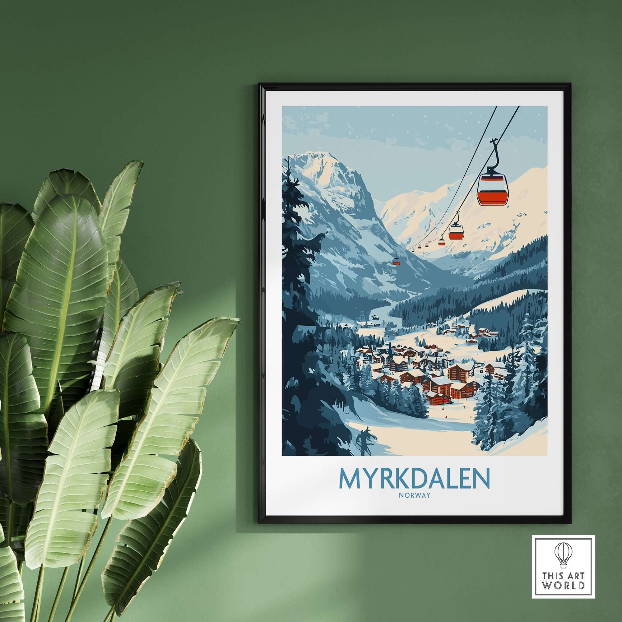 Myrkdalen ski poster art depicting stunning Norwegian mountain scenery and ski lifts.