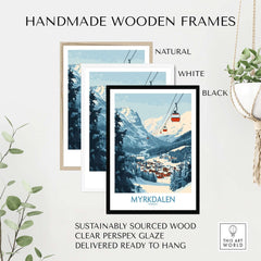 Handmade wooden frames for Myrkdalen ski poster art in natural, white, and black finishes, sustainably sourced wood.