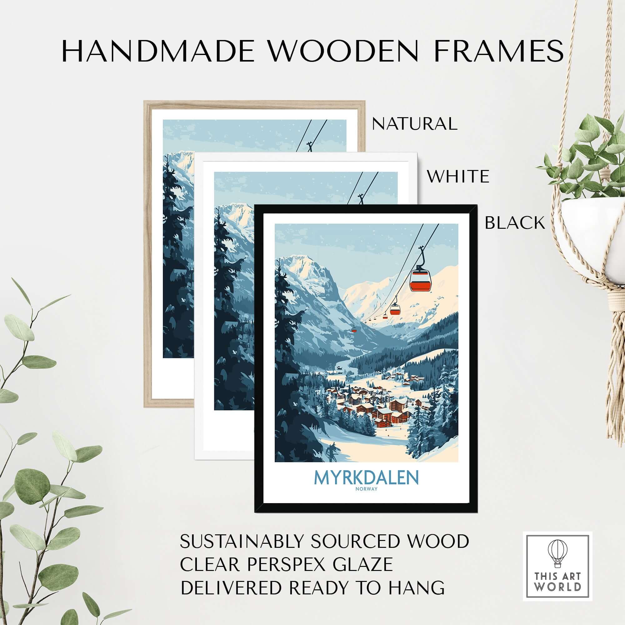 Handmade wooden frames for Myrkdalen ski poster art in natural, white, and black finishes, sustainably sourced wood.