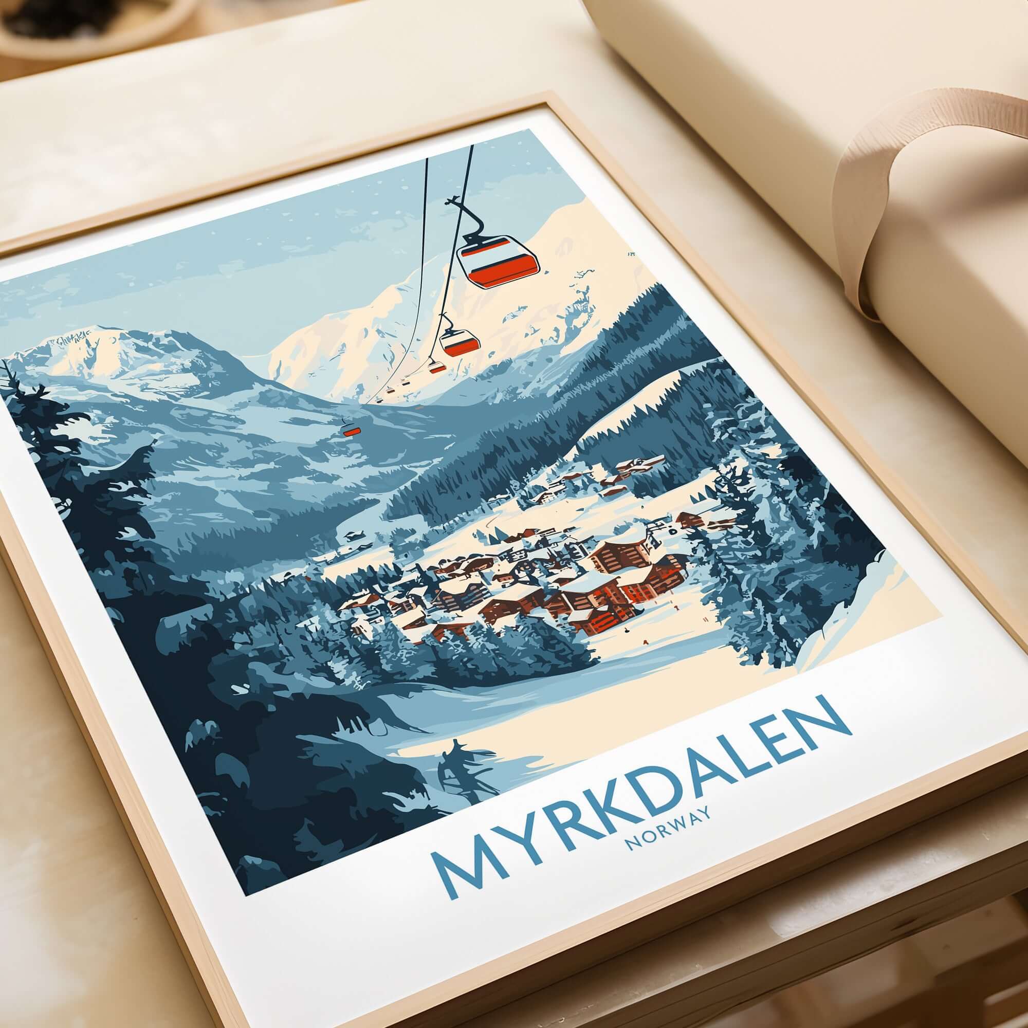 Myrkdalen Norway ski poster art featuring scenic mountains and a ski lift.
