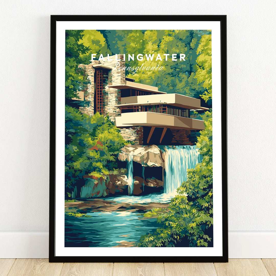 Framed Fallingwater Pennsylvania travel poster art print with waterfall and modern architecture for home decor