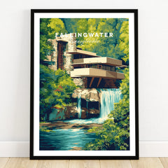 Framed Fallingwater Pennsylvania travel poster art print with waterfall and modern architecture for home decor