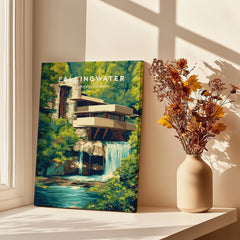 Fallingwater Pennsylvania travel poster art print with modern architecture and waterfall, perfect for home decor
