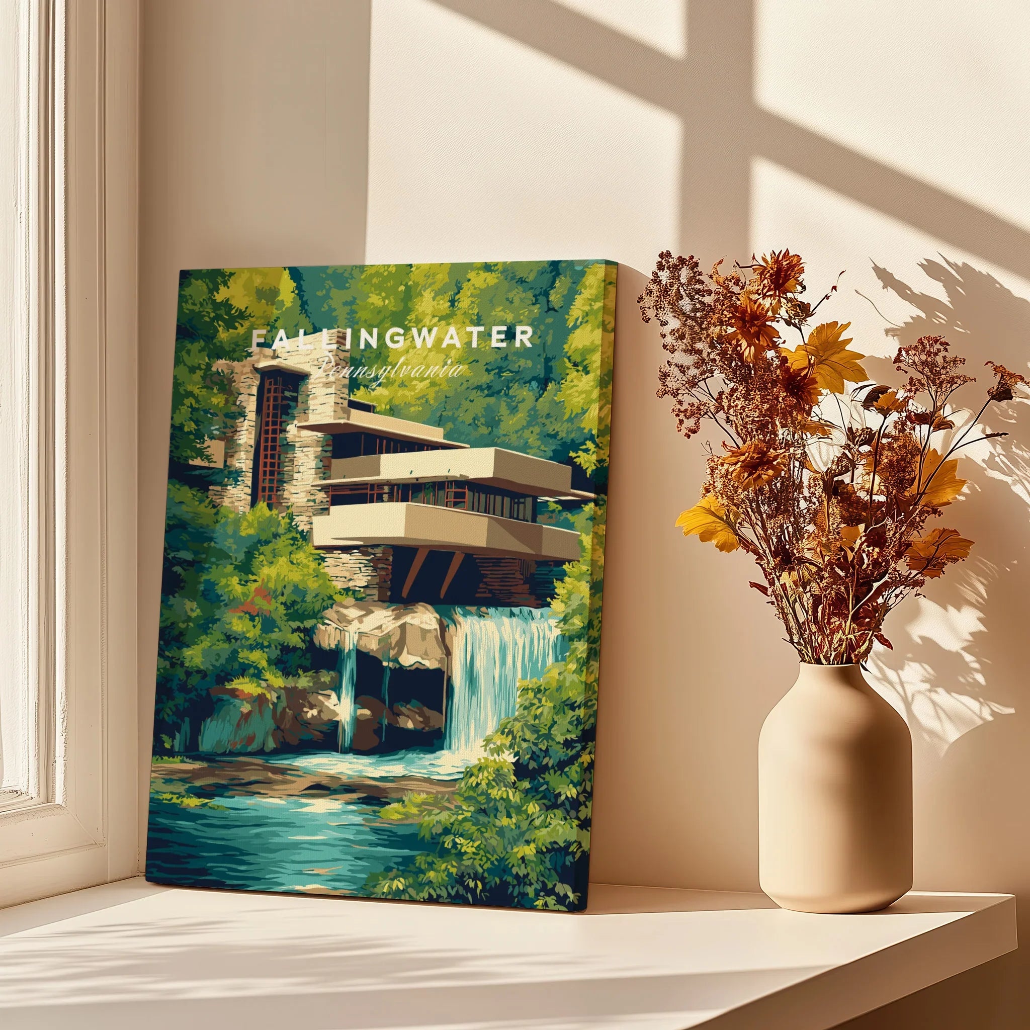Fallingwater Pennsylvania travel poster art print with modern architecture and waterfall, perfect for home decor