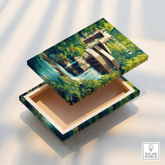 Fallingwater travel poster art print, modern architecture wall decor with lush green forest and waterfall scene