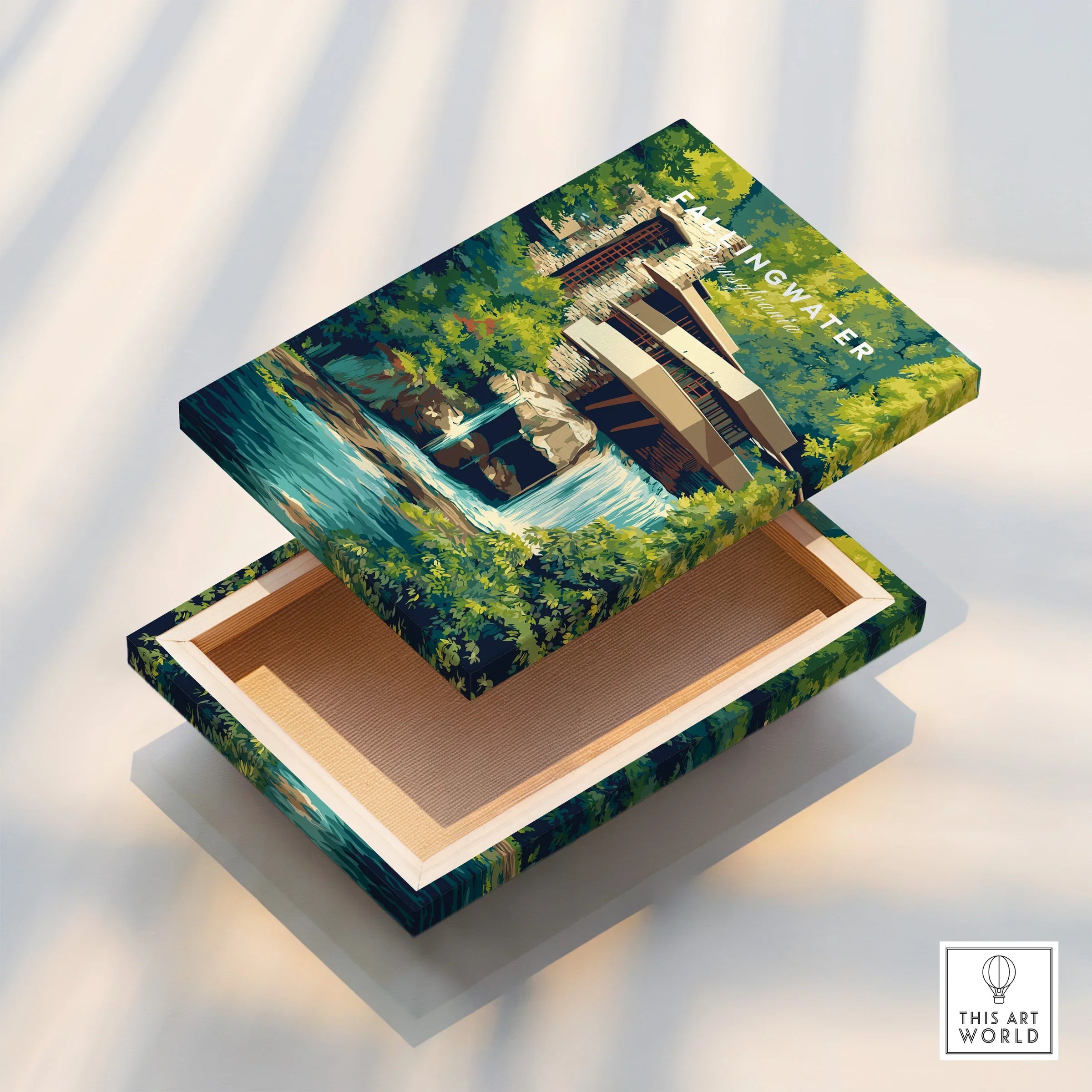 Fallingwater travel poster art print, modern architecture wall decor with lush green forest and waterfall scene