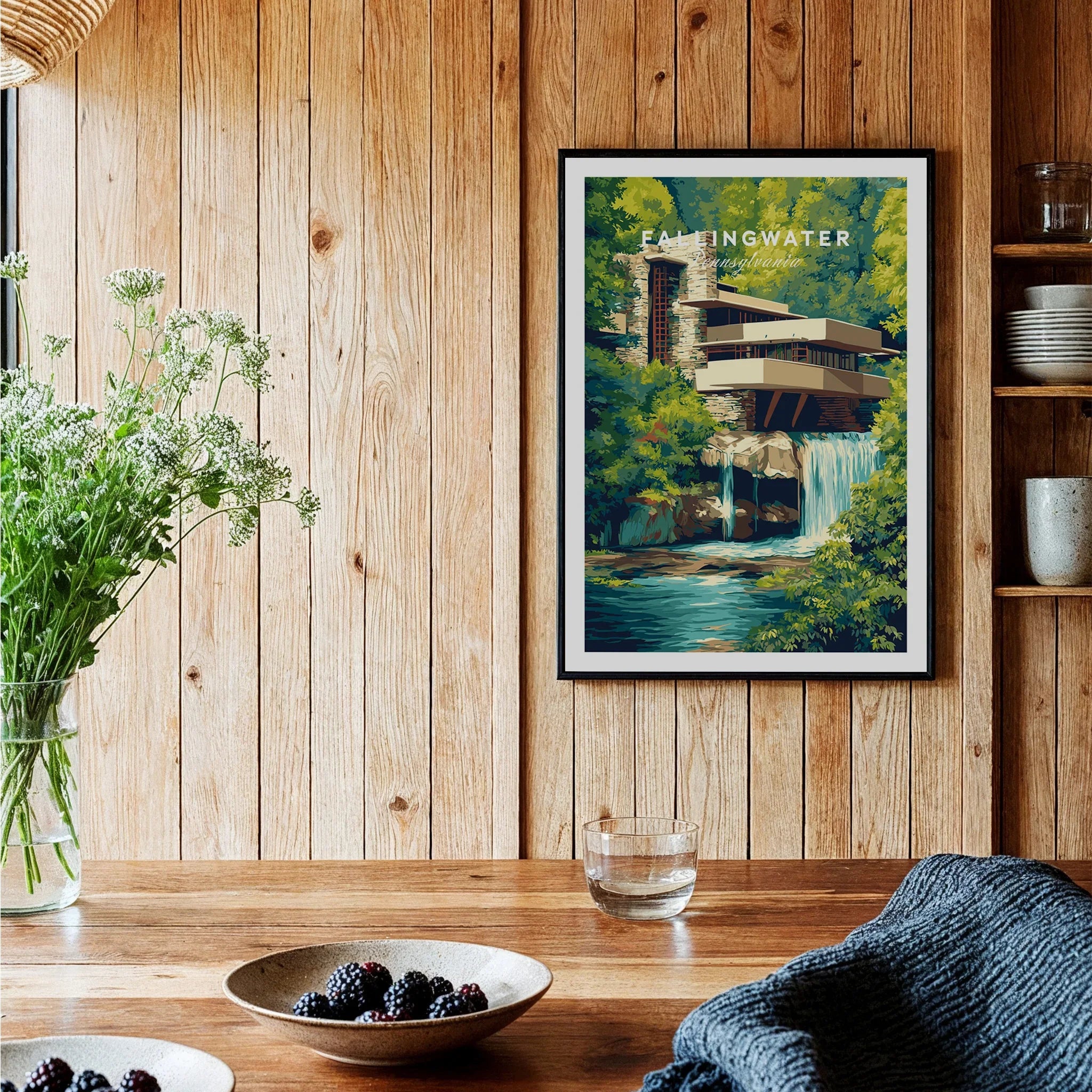 Fallingwater Pennsylvania travel poster art print, modern architecture wall decor with waterfall and greenery