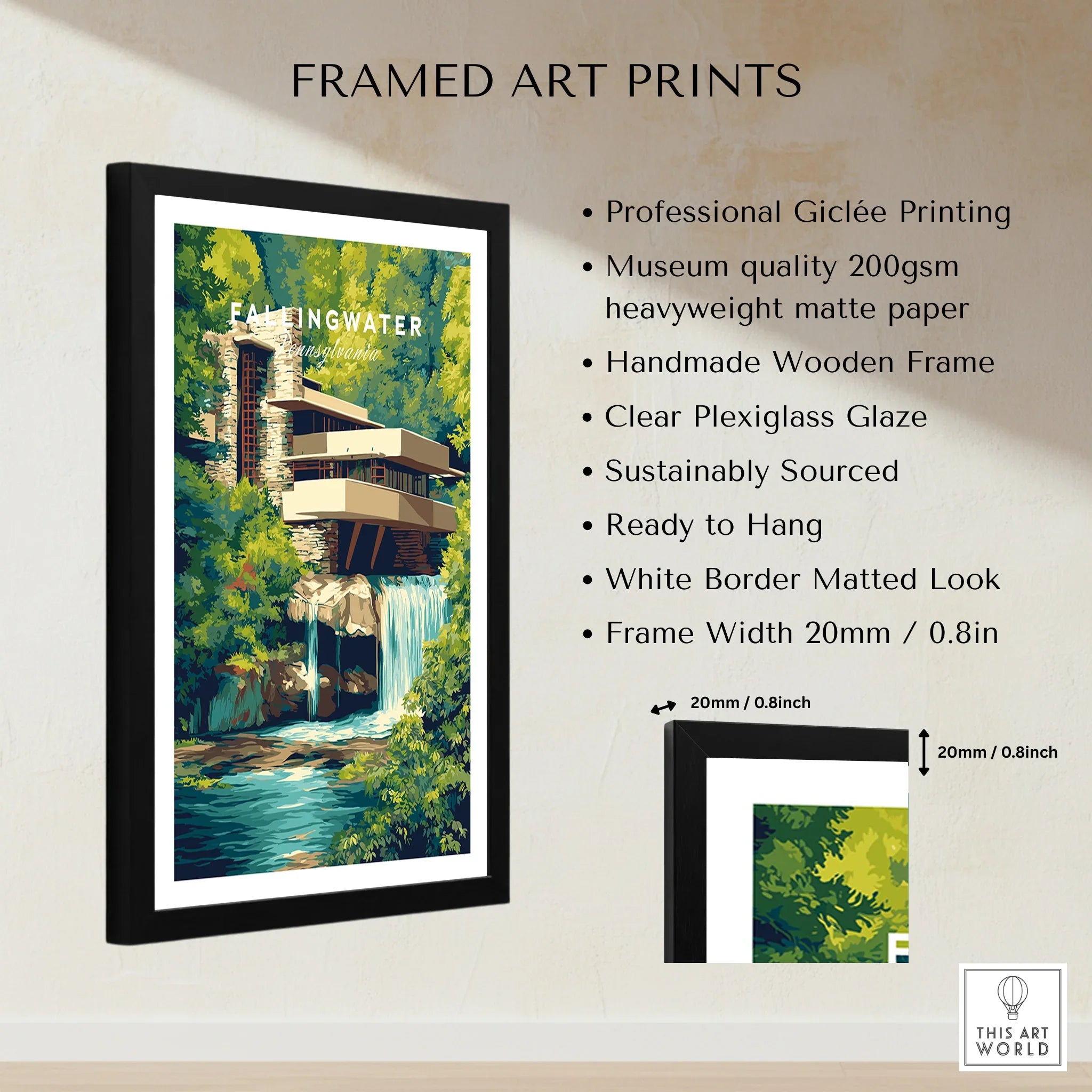 Framed Fallingwater Pennsylvania art print with waterfall, greenery, and modern architecture for home decor