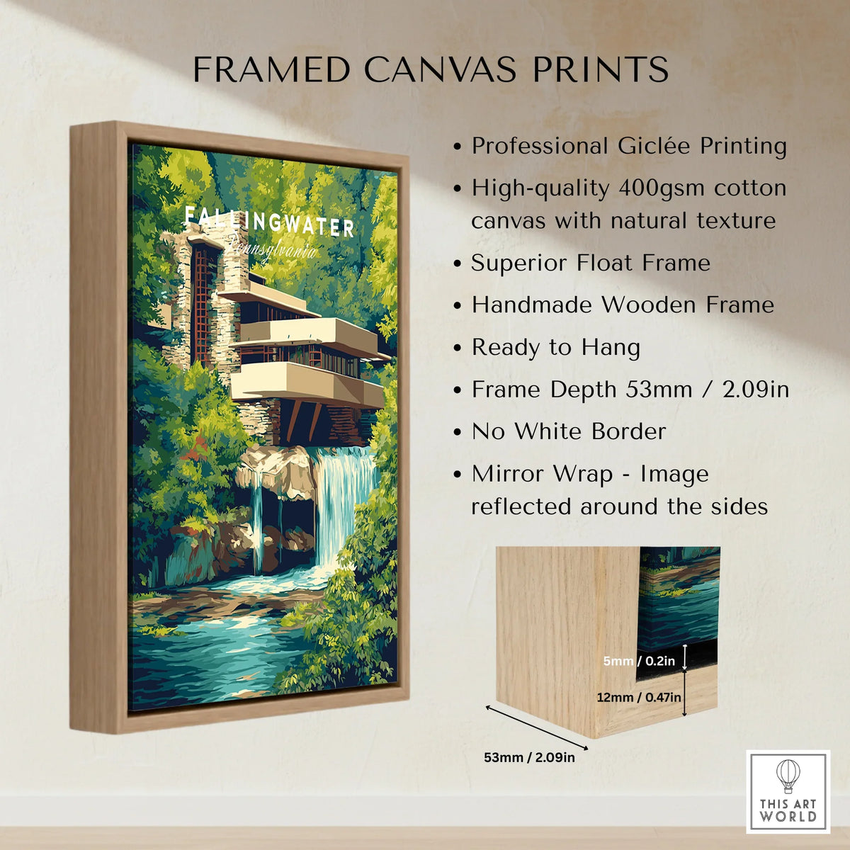Framed canvas print of Fallingwater, Pennsylvania, featuring modern architecture nestled in lush greenery with waterfall, ideal for home decor.