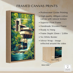 Framed canvas print of Fallingwater, Pennsylvania, featuring modern architecture nestled in lush greenery with waterfall, ideal for home decor.