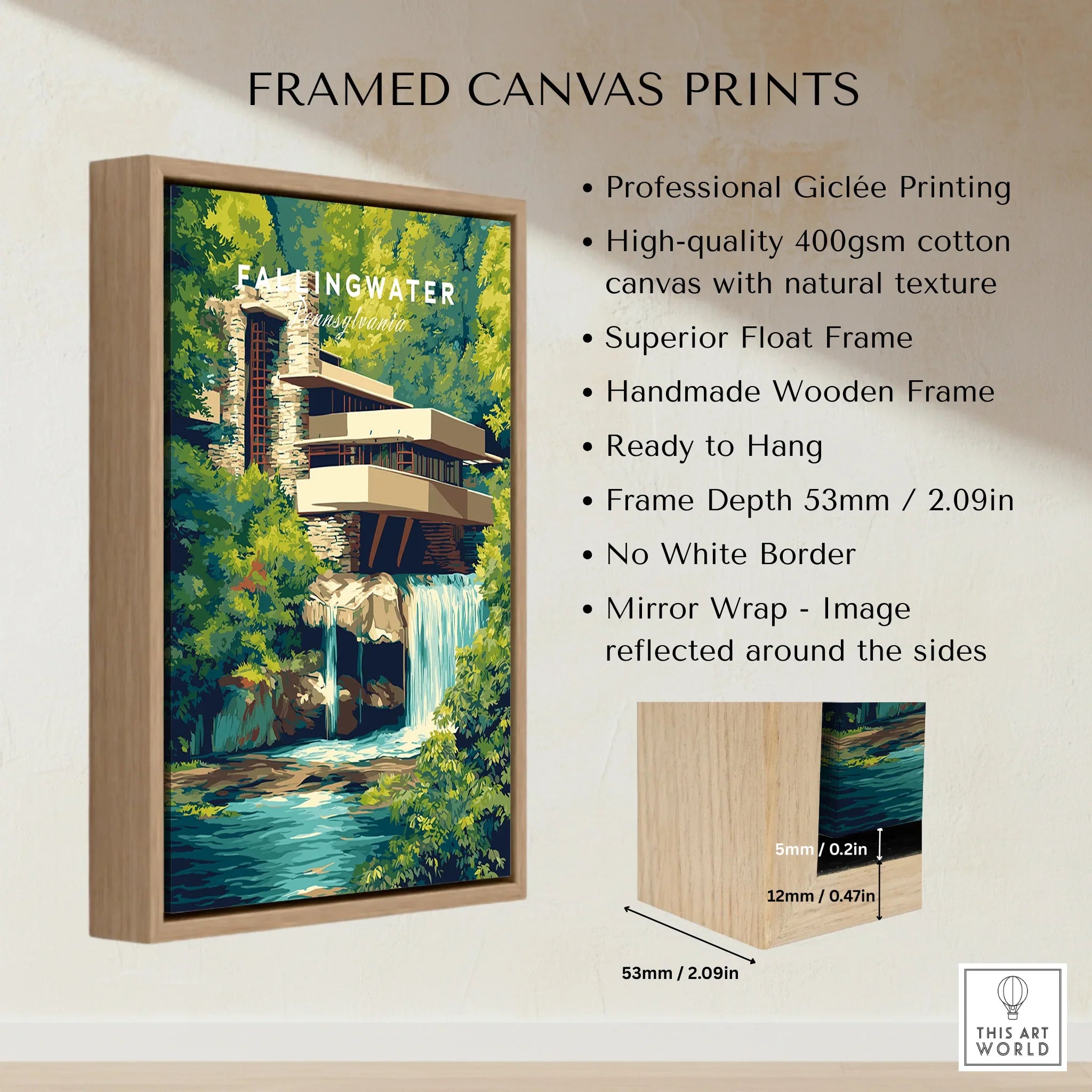 Framed canvas print of Fallingwater, Pennsylvania, featuring modern architecture nestled in lush greenery with waterfall, ideal for home decor.