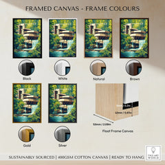 Fallingwater art print in black, white, natural, brown, gold, and silver frames. Float frame canvas, ready to hang.