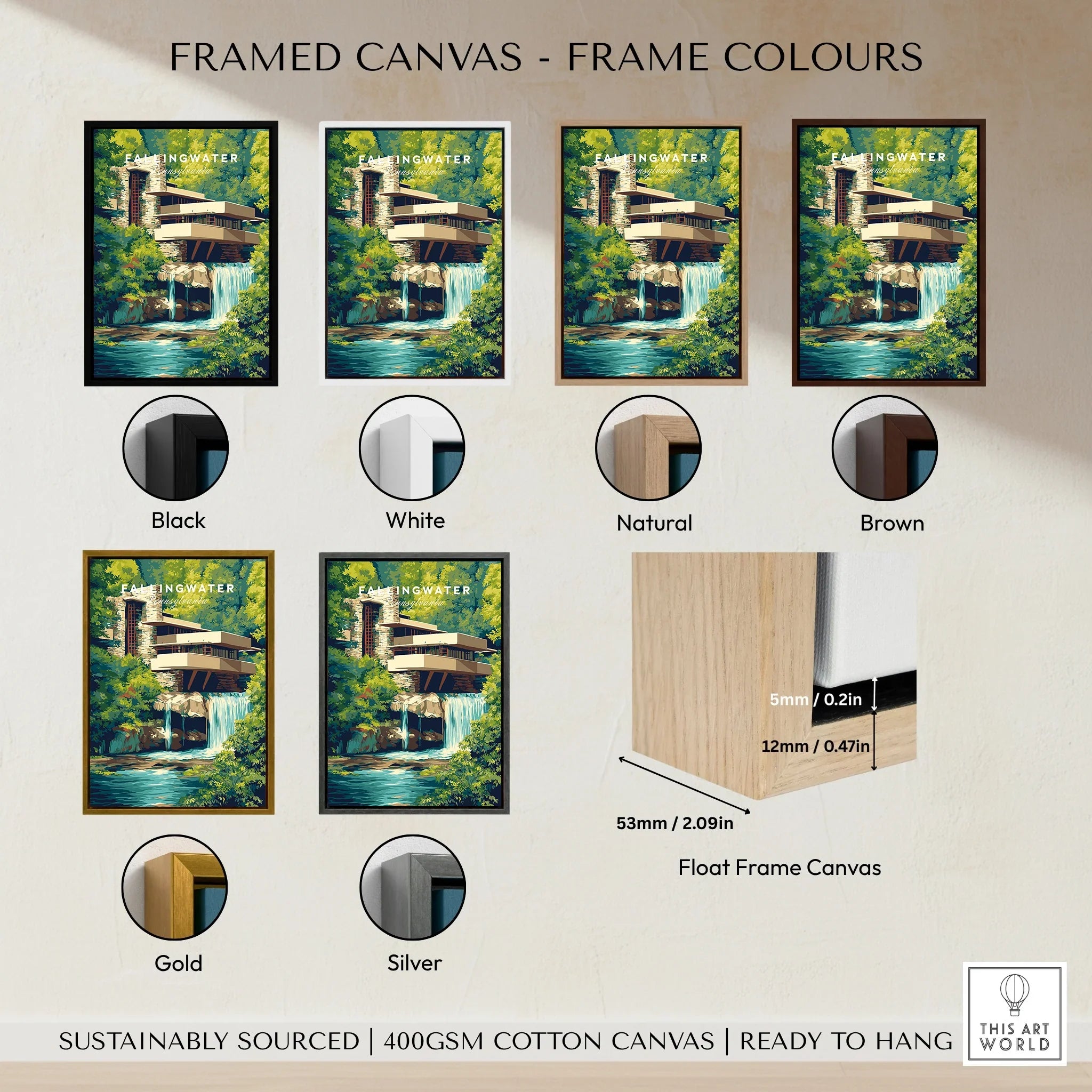 Fallingwater art print in black, white, natural, brown, gold, and silver frames. Float frame canvas, ready to hang.