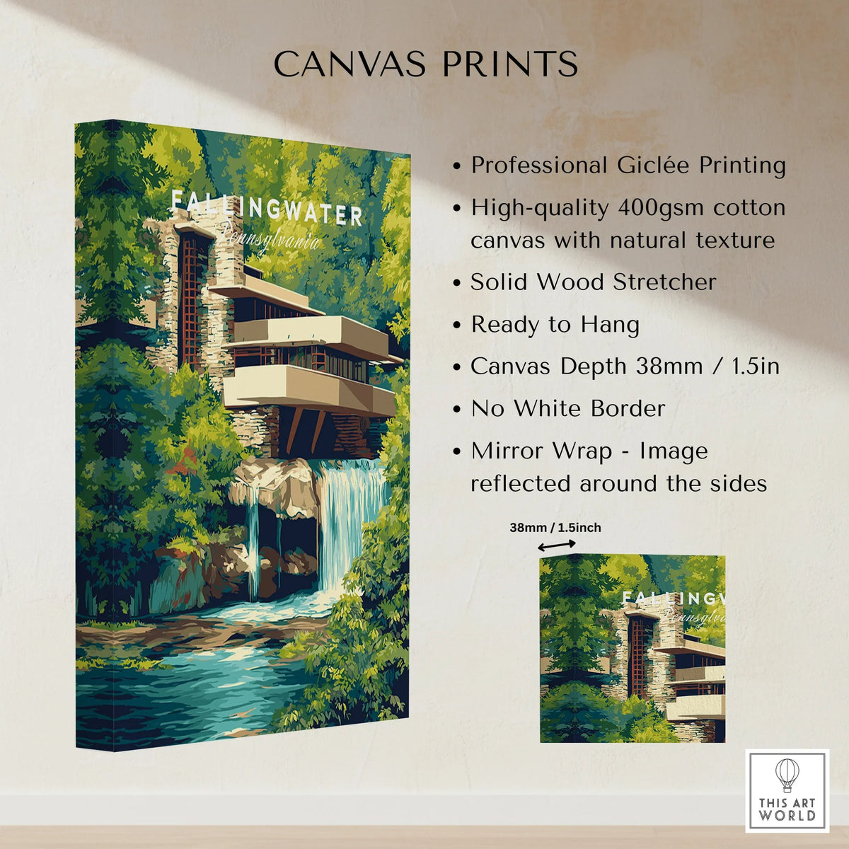 Fallingwater Pennsylvania canvas print, modern architecture art with waterfall, ready to hang wall decor