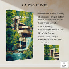 Fallingwater Pennsylvania canvas print, modern architecture art with waterfall, ready to hang wall decor