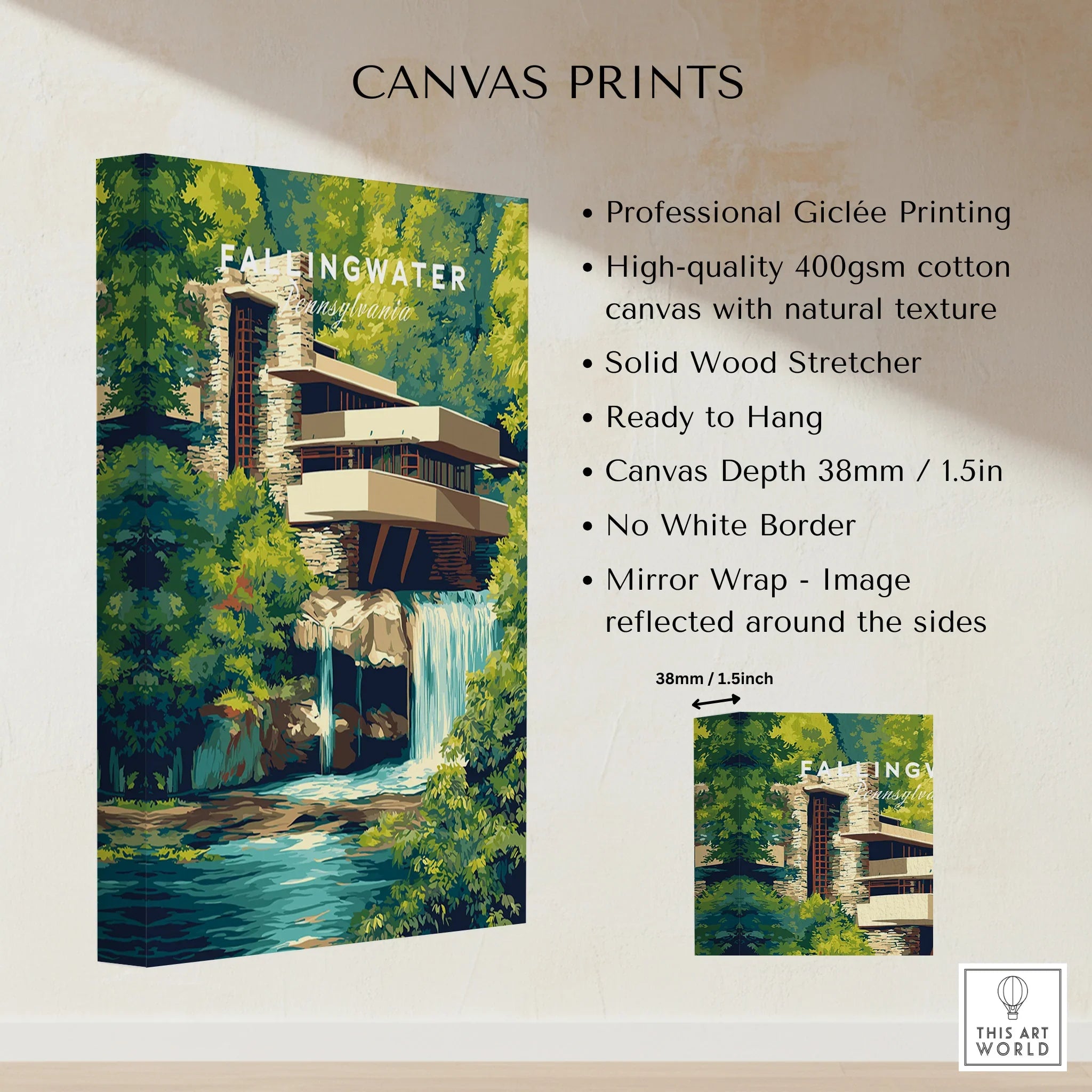 Fallingwater Pennsylvania canvas print, modern architecture art with waterfall, ready to hang wall decor