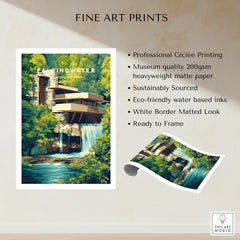 Fallingwater Pennsylvania fine art print, modern architecture over waterfall, ready to frame wall decor
